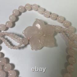 Vintage Genuine Be? Aded Pink Rose Quartz Necklace Flower Pendant On String