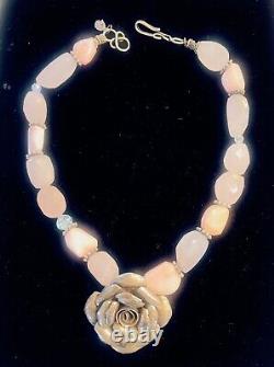 Vintage Genuine Beaded Pink Rose Quartz Necklace Flower Pendant On String