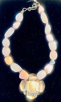 Vintage Genuine Beaded Pink Rose Quartz Necklace Flower Pendant On String