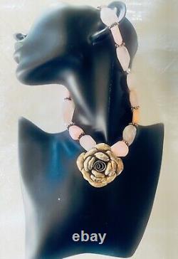 Vintage Genuine Beaded Pink Rose Quartz Necklace Flower Pendant On String