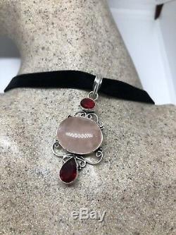 Vintage Genuine Rose Quartz Silver Necklace Pendant Choker