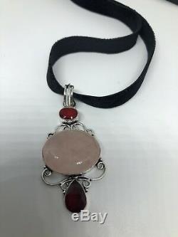 Vintage Genuine Rose Quartz Silver Necklace Pendant Choker
