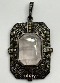 Vintage German Art Deco Sterling Silver Rose Quartz Marcasite Pendant Germany