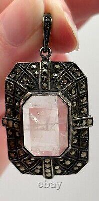 Vintage German Art Deco Sterling Silver Rose Quartz Marcasite Pendant Germany