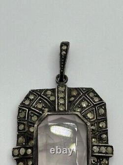 Vintage German Art Deco Sterling Silver Rose Quartz Marcasite Pendant Germany