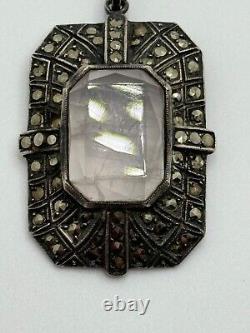 Vintage German Art Deco Sterling Silver Rose Quartz Marcasite Pendant Germany