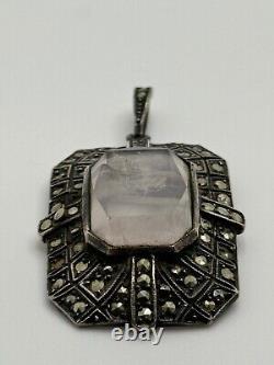 Vintage German Art Deco Sterling Silver Rose Quartz Marcasite Pendant Germany