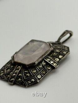 Vintage German Art Deco Sterling Silver Rose Quartz Marcasite Pendant Germany