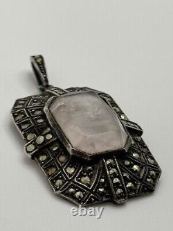 Vintage German Art Deco Sterling Silver Rose Quartz Marcasite Pendant Germany