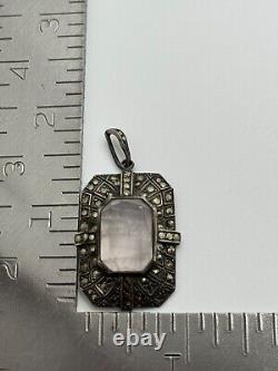 Vintage German Art Deco Sterling Silver Rose Quartz Marcasite Pendant Germany