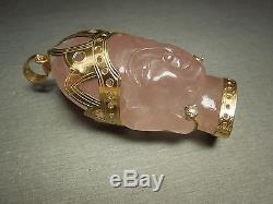 Vintage Gold 300ct Hand Carved Rose Quartz Asian Princess Lady Head Pendant