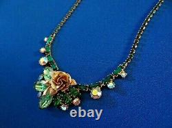 Vintage Green Crystal and AB Rhinestones Necklace with Gold Rose