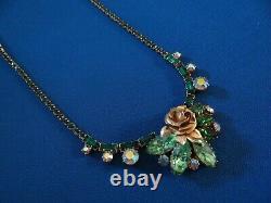 Vintage Green Crystal and AB Rhinestones Necklace with Gold Rose