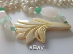 Vintage Hand Carved Chinese Export White Agate. Jade, Rose Quartz Bead Necklace