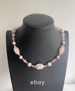 Vintage Hand Carved Rose Quartz, Painted Porcelain & Dyed Howlite Necklace 18