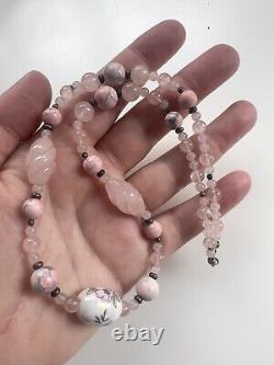 Vintage Hand Carved Rose Quartz, Painted Porcelain & Dyed Howlite Necklace 18