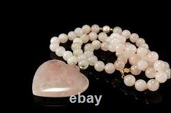 Vintage Hk 14k Gold Pearl Heart Rose Quartz Pendant Necklace 1m8