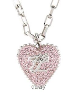 Vintage Karl Lagerfeld Large Pink Crystal Logo Heart Pendant Necklace