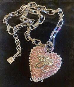 Vintage Karl Lagerfeld Large Pink Crystal Logo Heart Pendant Necklace