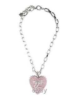 Vintage Karl Lagerfeld Large Pink Crystal Logo Heart Pendant Necklace