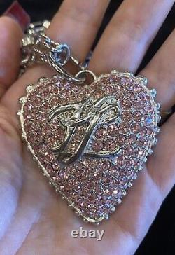 Vintage Karl Lagerfeld Large Pink Crystal Logo Heart Pendant Necklace