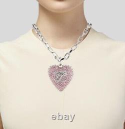 Vintage Karl Lagerfeld Large Pink Crystal Logo Heart Pendant Necklace