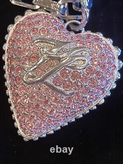 Vintage Karl Lagerfeld Large Pink Crystal Logo Heart Pendant Necklace