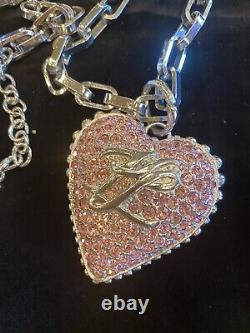 Vintage Karl Lagerfeld Large Pink Crystal Logo Heart Pendant Necklace