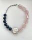 Vintage Modernist Brutalist Rose Quartz & Black Onyx Statement Necklace 16