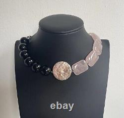 Vintage Modernist Brutalist Rose Quartz & Black Onyx Statement Necklace 16