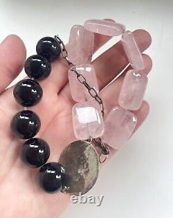 Vintage Modernist Brutalist Rose Quartz & Black Onyx Statement Necklace 16