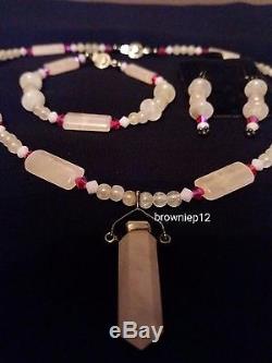 Vintage Rare Rose Quartz Matching Set of Necklace/ Bracelet & Earrings