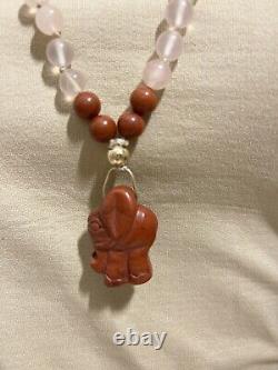 Vintage Red Jasper, Rose Quartz 14k Gold Knotted? Necklace Elephant Pendant