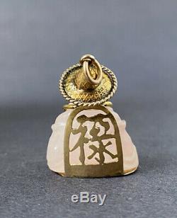 Vintage Retro 14K Gold & Rose Quartz Carved Buddha Good Luck Charm Pendant