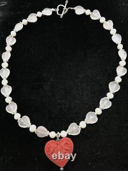 Vintage Rose Quartz Beads Pearls & Floral Cinnabar Pendant Sterling Necklace 18