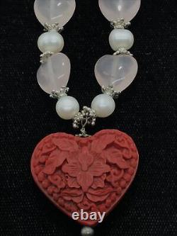 Vintage Rose Quartz Beads Pearls & Floral Cinnabar Pendant Sterling Necklace 18