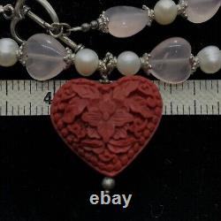 Vintage Rose Quartz Beads Pearls & Floral Cinnabar Pendant Sterling Necklace 18