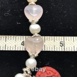 Vintage Rose Quartz Beads Pearls & Floral Cinnabar Pendant Sterling Necklace 18