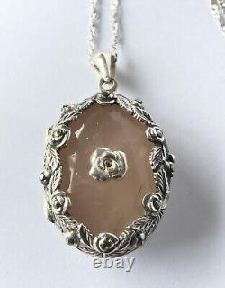 Vintage Rose Quartz & Floral Sterling Silver Locket And Chain RARE