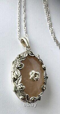 Vintage Rose Quartz & Floral Sterling Silver Locket And Chain RARE