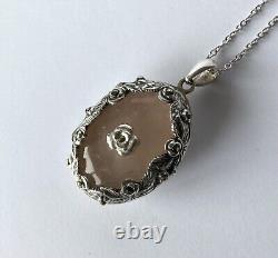 Vintage Rose Quartz & Floral Sterling Silver Locket And Chain RARE