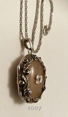 Vintage Rose Quartz & Floral Sterling Silver Locket And Chain RARE