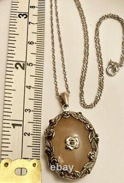 Vintage Rose Quartz & Floral Sterling Silver Locket And Chain RARE