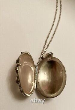 Vintage Rose Quartz & Floral Sterling Silver Locket And Chain RARE