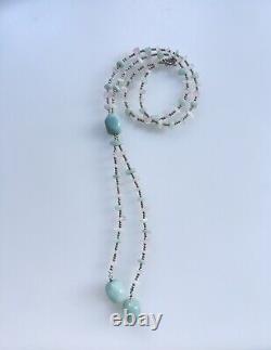 Vintage Rose Quartz & Light Blue Amazonite Chunky Statement Tassel Necklace