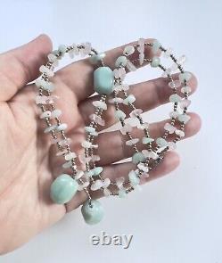 Vintage Rose Quartz & Light Blue Amazonite Chunky Statement Tassel Necklace