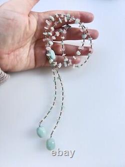 Vintage Rose Quartz & Light Blue Amazonite Chunky Statement Tassel Necklace