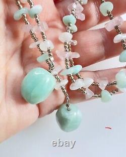 Vintage Rose Quartz & Light Blue Amazonite Chunky Statement Tassel Necklace