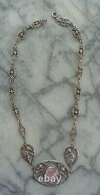 Vintage Signed Peruzzi Sterling Cherubs Necklace with Rose Quartz Cabochon Stone