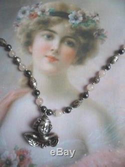 Vintage Silver Cherub Angel Pendant Necklace Rose Quartz Black Hematite Beads